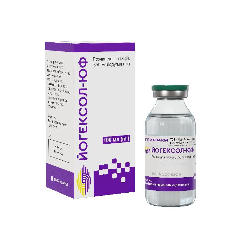 ЙОГЕКСОЛ-ЮФ розчин для ін’єкцій, 350 мг йоду/мл, по 100 мл у пляшках скляних, по 1 пляшці у коробці з картону